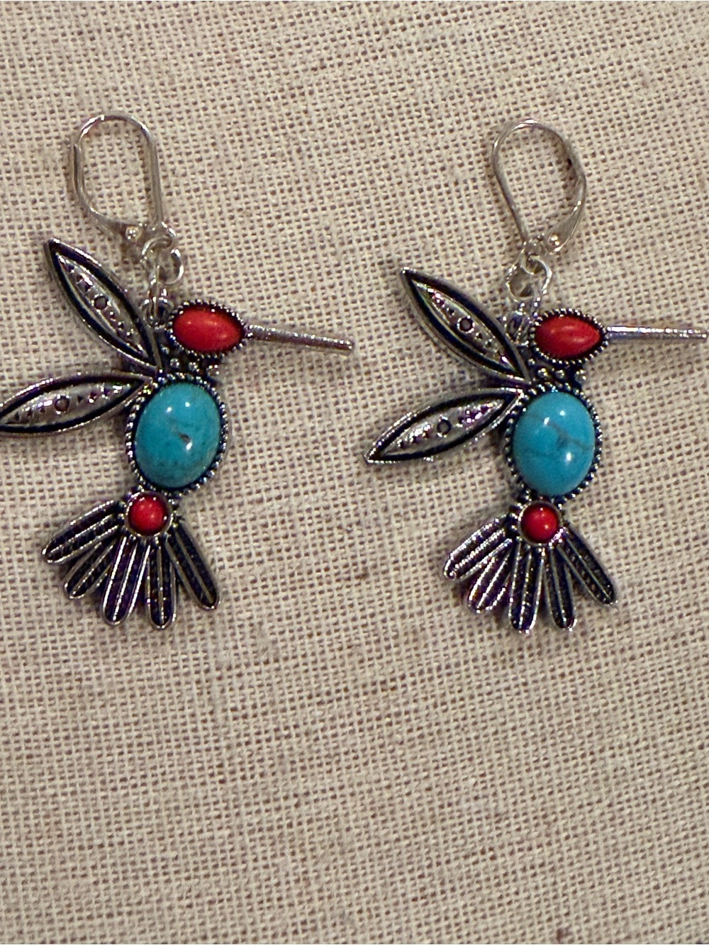 Turquoise & Coral Hummingbird Drop Earrings